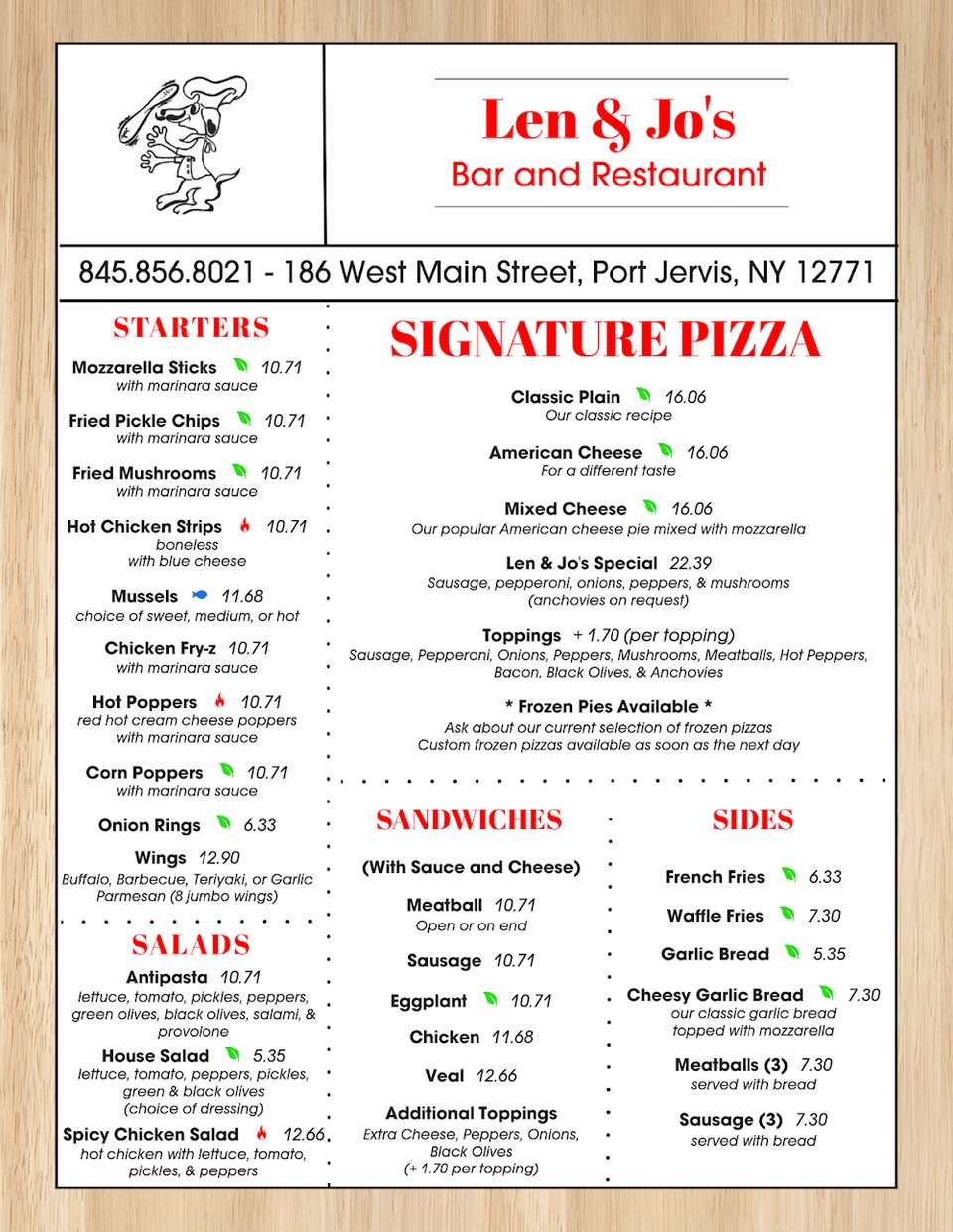 Takeout menu with drinks and kids' items.