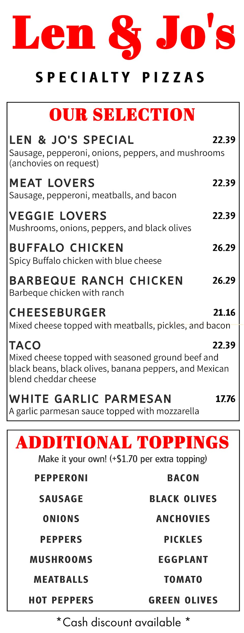 Printed menu showing classic restaurant favorites.